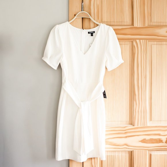 NWT Express Puff Sleeve Sheath Dress with Tie Waist in Winter White Size Medium - Picture 9 of 13